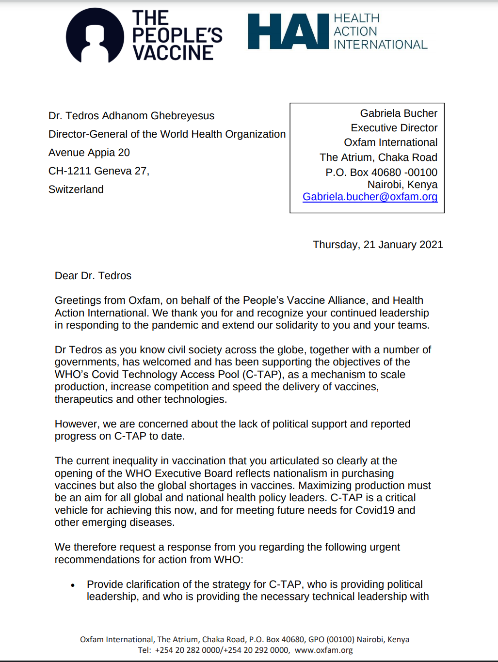 Letter From The People S Vaccine Alliance And Health Action International To Dr Tedros On C Tap Knowledge Ecology International